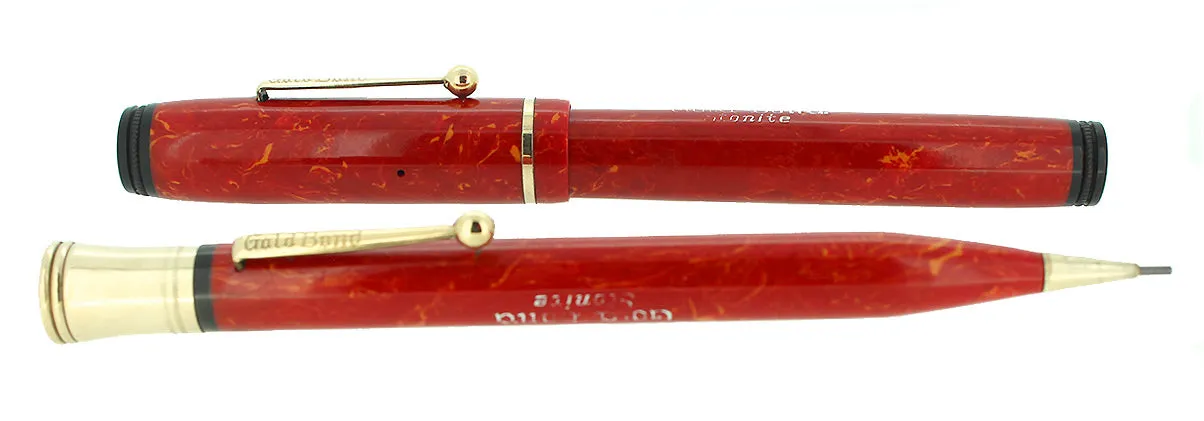 1930S GOLD BOND STONITE OVERSIZE CORAL FOUNTAIN PEN & PENCIL SET RESTORED NEAR MINT