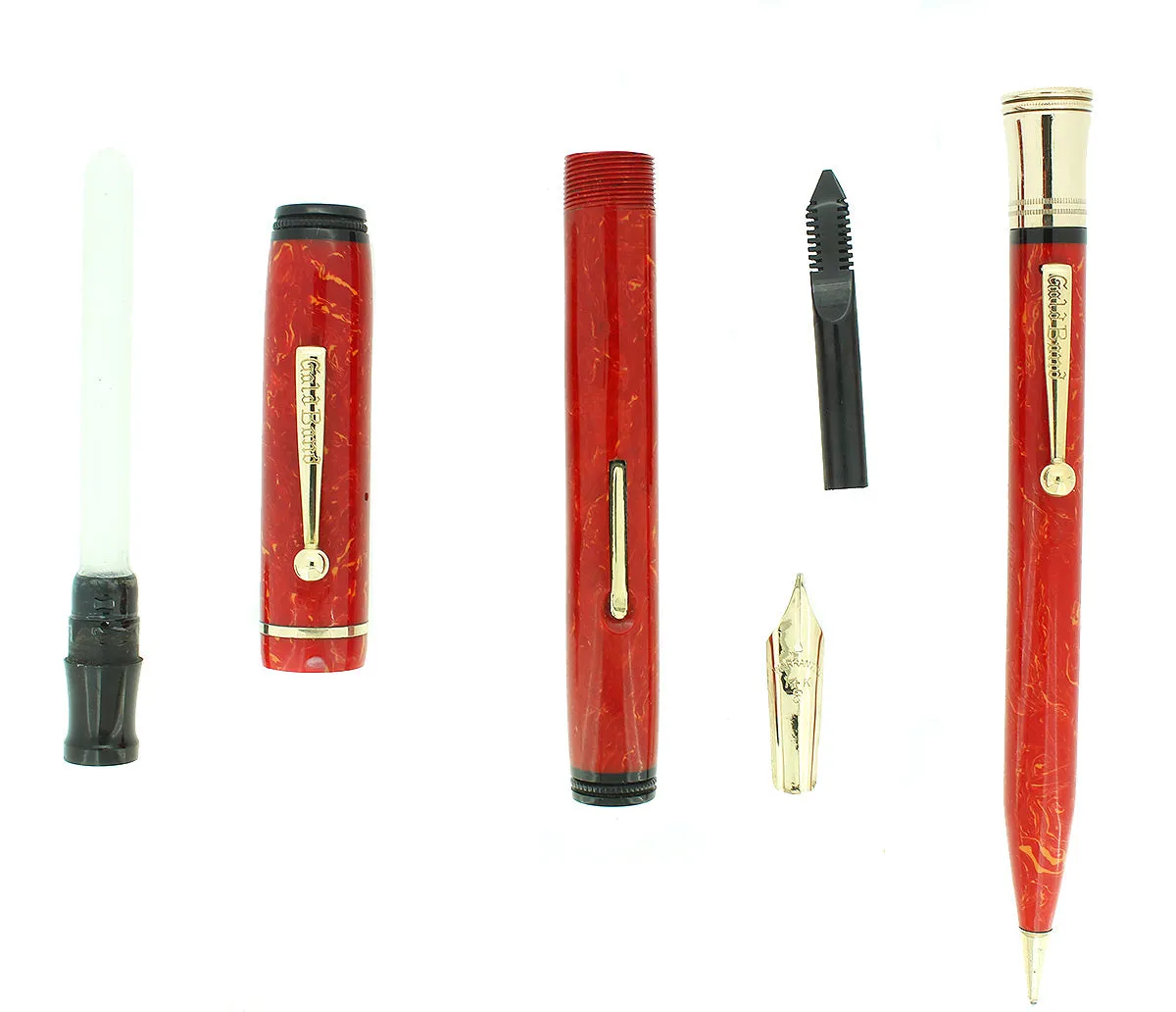 1930S GOLD BOND STONITE OVERSIZE CORAL FOUNTAIN PEN & PENCIL SET RESTORED NEAR MINT