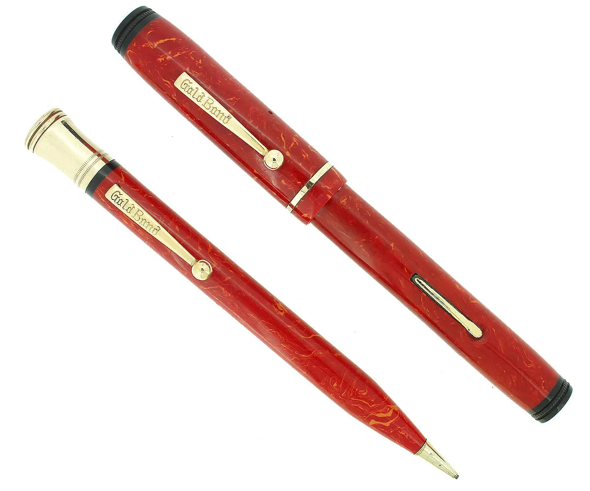 1930S GOLD BOND STONITE OVERSIZE CORAL FOUNTAIN PEN & PENCIL SET RESTORED NEAR MINT