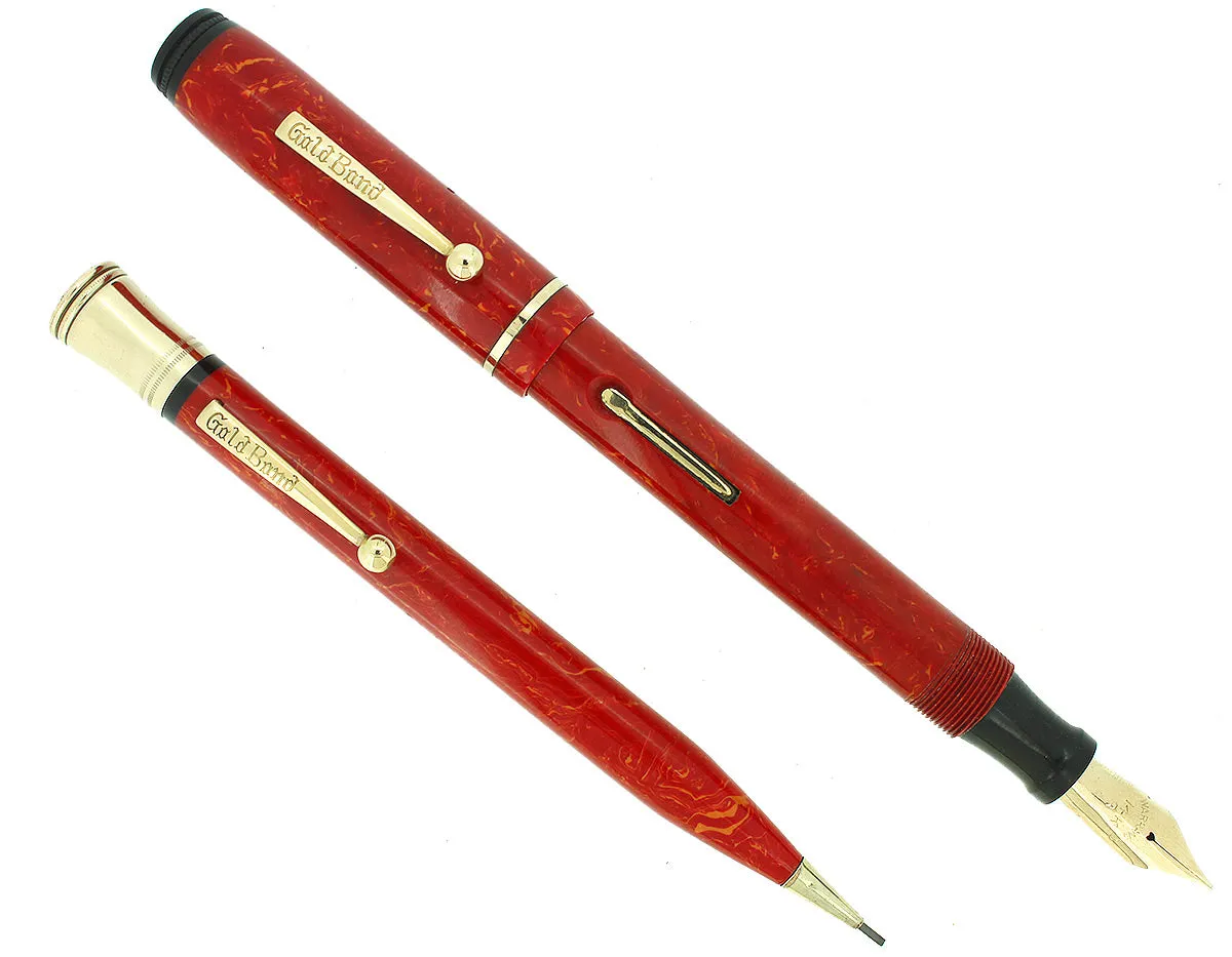 1930S GOLD BOND STONITE OVERSIZE CORAL FOUNTAIN PEN & PENCIL SET RESTORED NEAR MINT