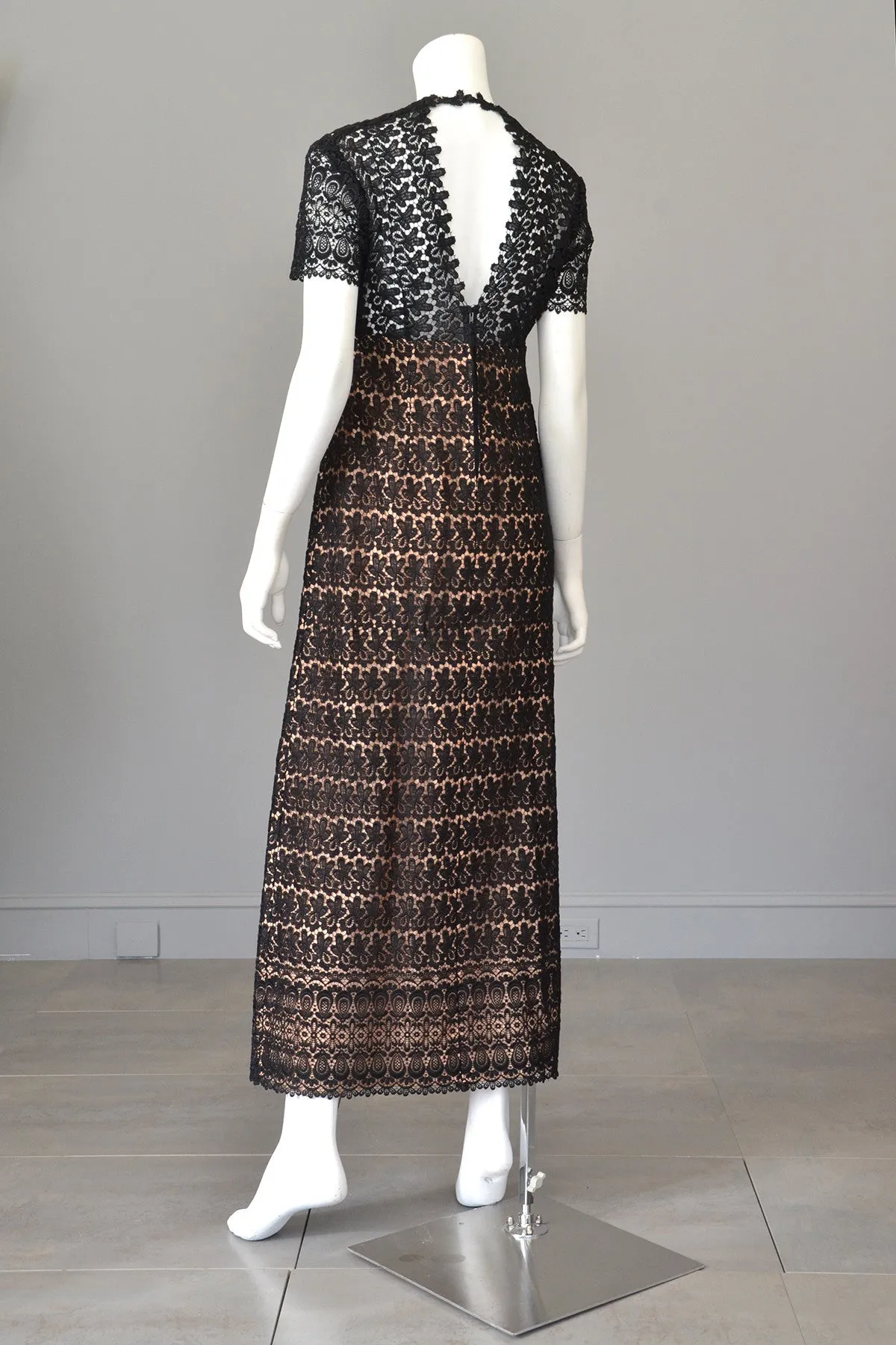 1960s 70s Black Illusion Lace Vintage Babydoll Maxi Dress Gown with Keyhole Back