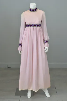 1970's Lilac Chiffon Cottagecore Peasant Maxi Dress | Vintage Bridesmaid Dress