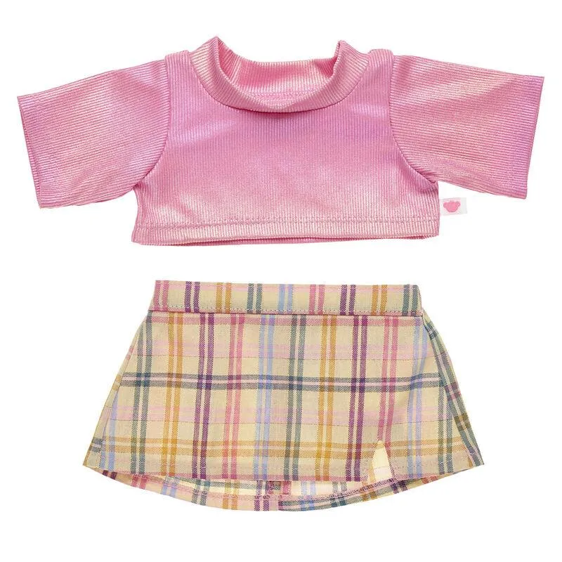 2 pc. Pink Top and Plaid Skirt Outfit