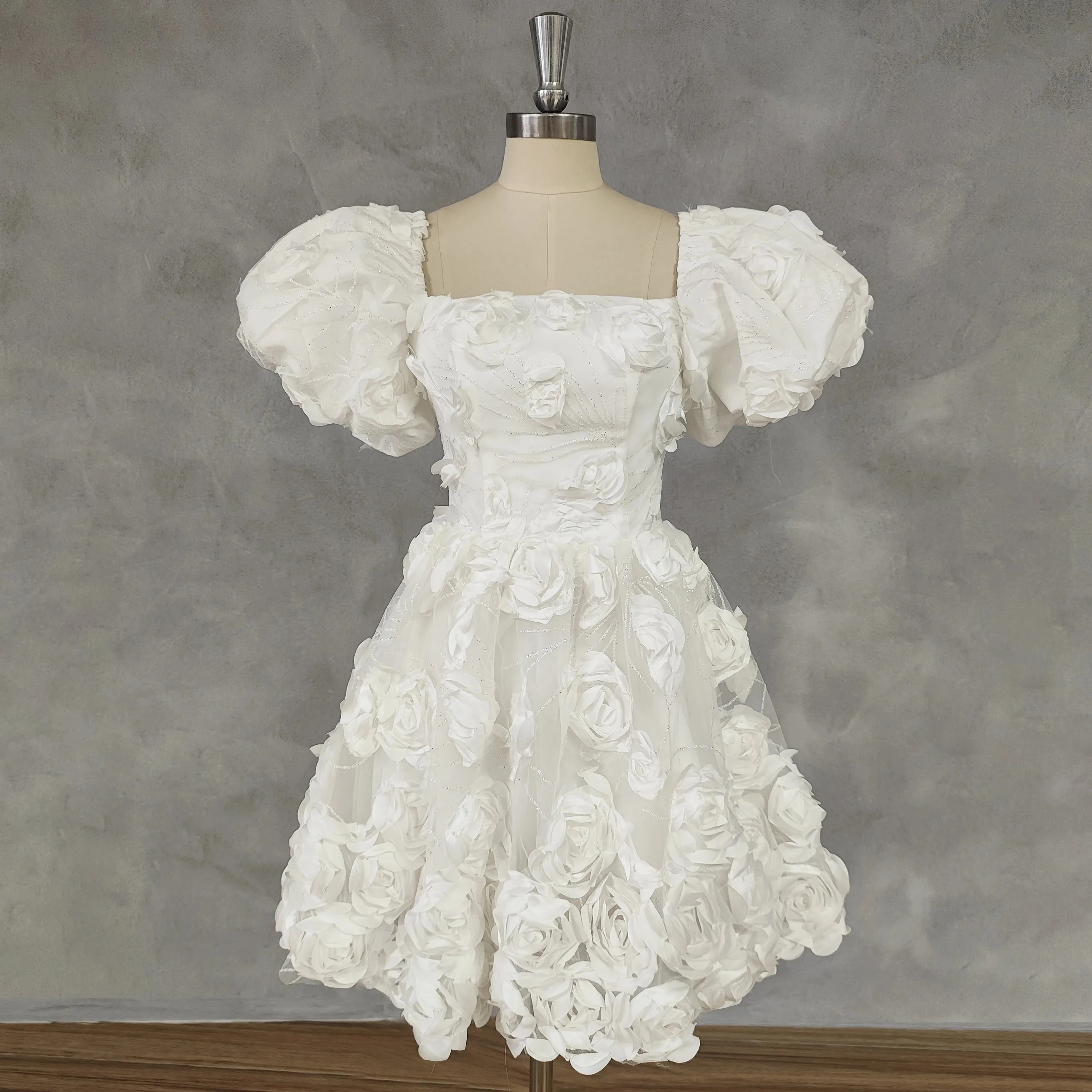 3D Flowers Square Neck Puff Sleeves Short Wedding Party Mini Dress