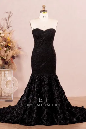 3D Rose Black Lace Strapless Mermaid Prom Dress