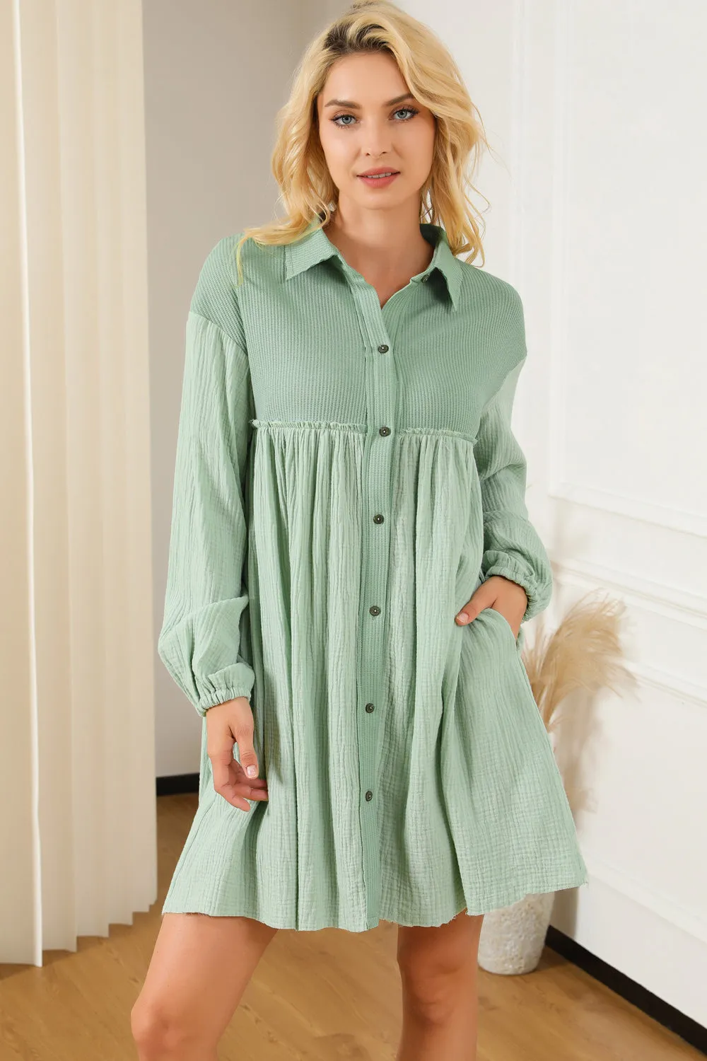 *APP EXCLUSIVE* Buttoned Collared Neck Dropped Shoulder Shirt Dress