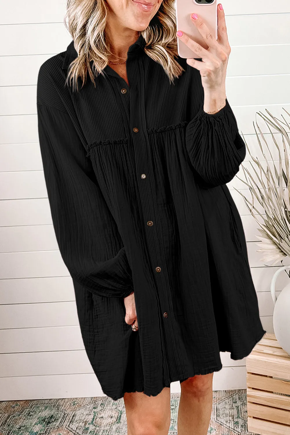 *APP EXCLUSIVE* Buttoned Collared Neck Dropped Shoulder Shirt Dress