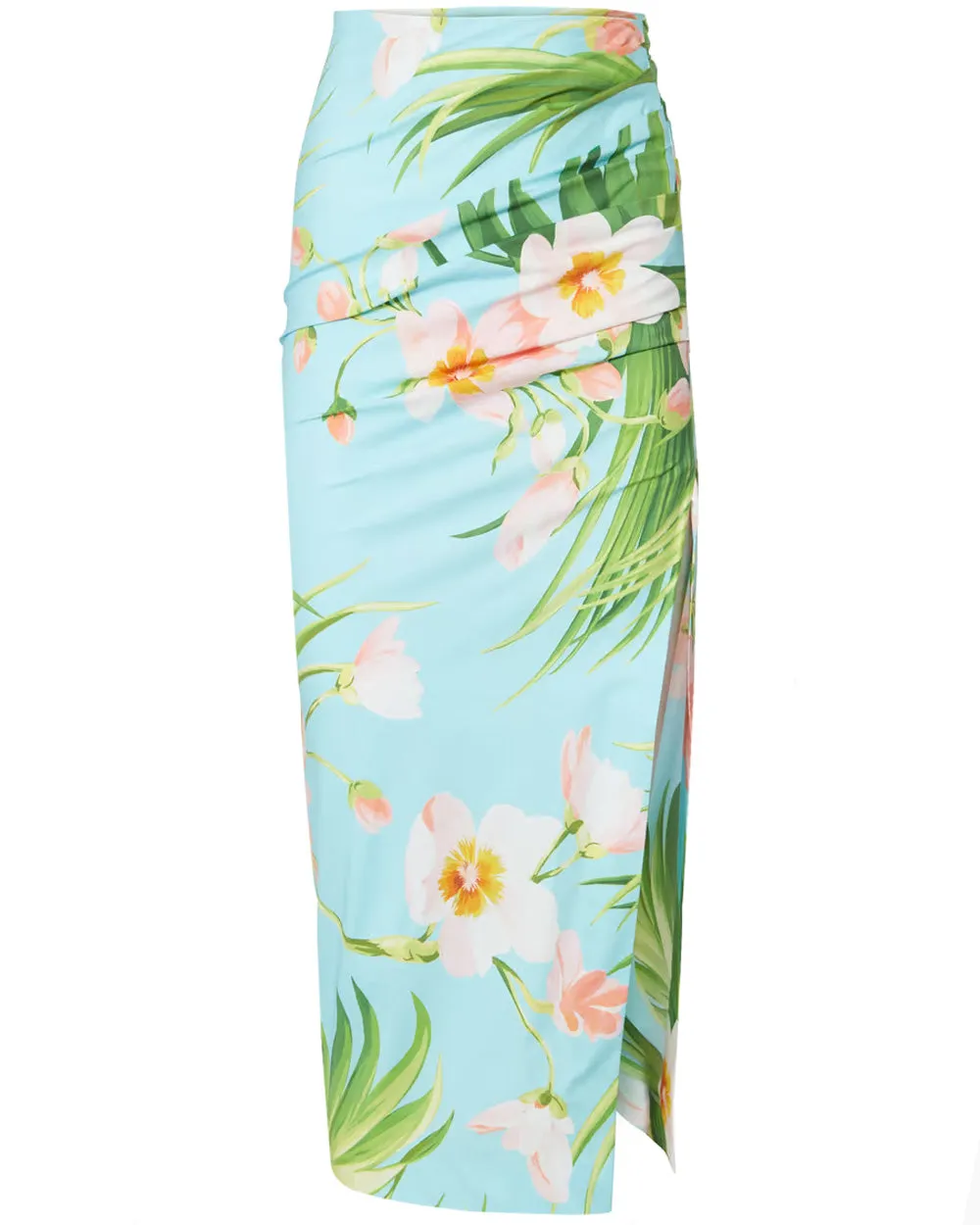 Aquamarine Tropical Print Ruched Pencil Skirt