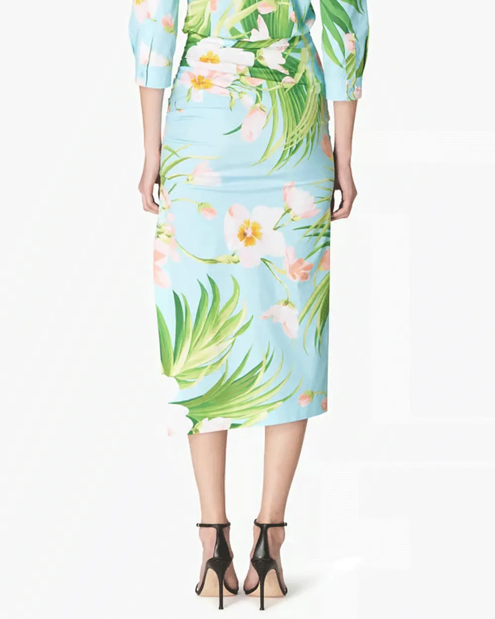 Aquamarine Tropical Print Ruched Pencil Skirt