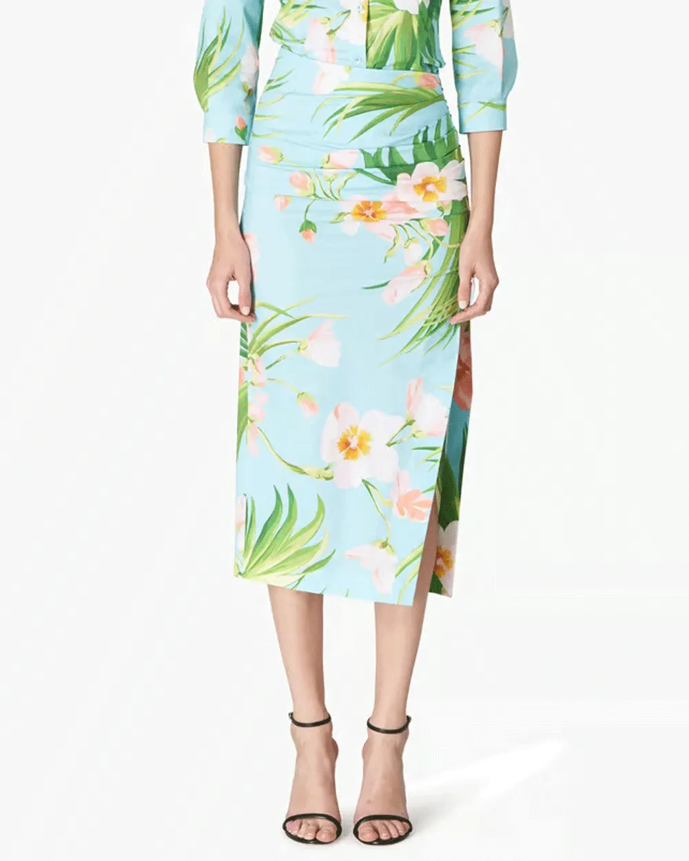 Aquamarine Tropical Print Ruched Pencil Skirt