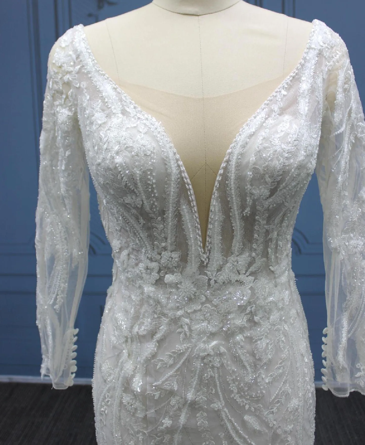 Beaded Lace Illusion Sleeve Deep Plunging V Neckline Tulle Bridal Wedding Gown