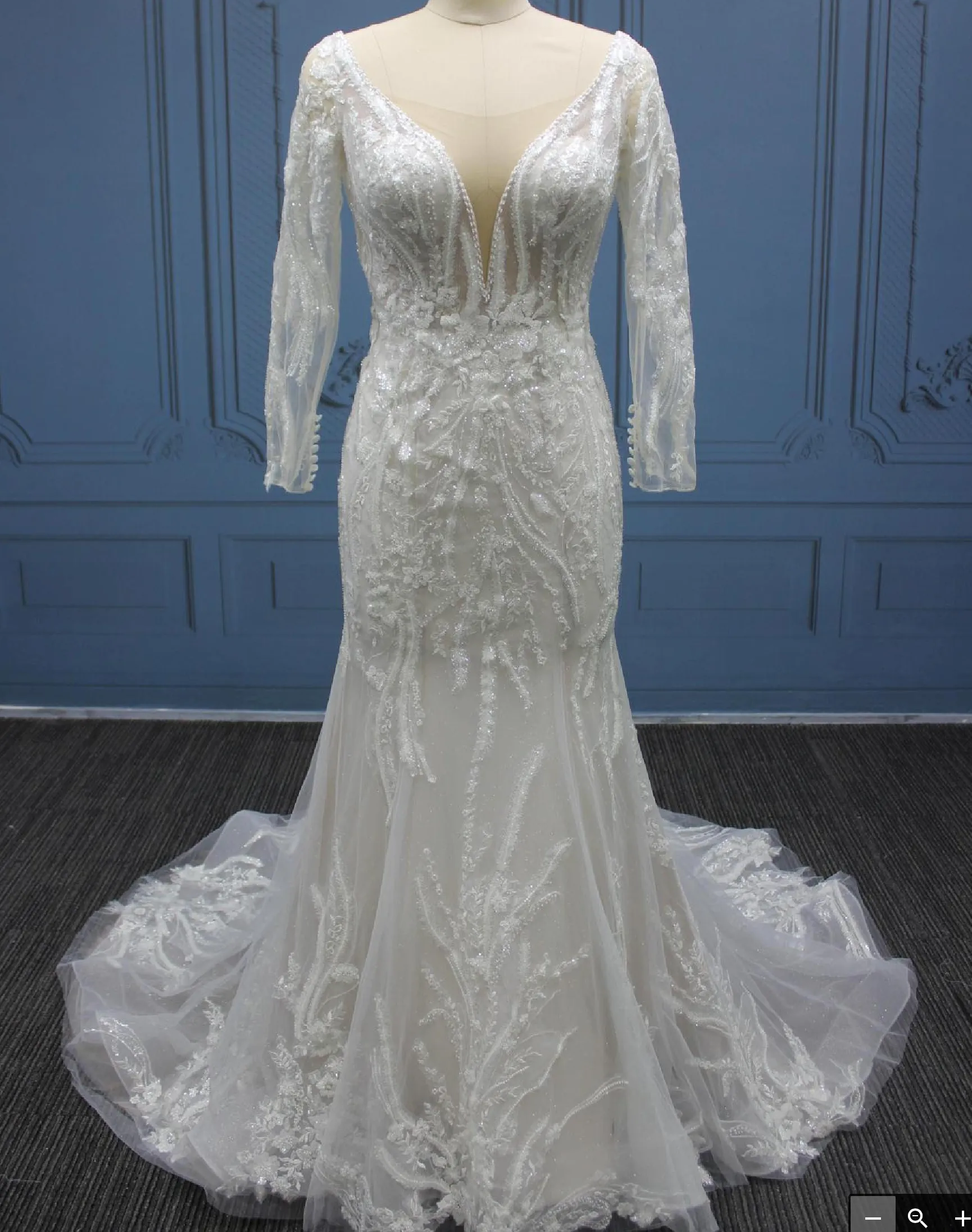 Beaded Lace Illusion Sleeve Deep Plunging V Neckline Tulle Bridal Wedding Gown