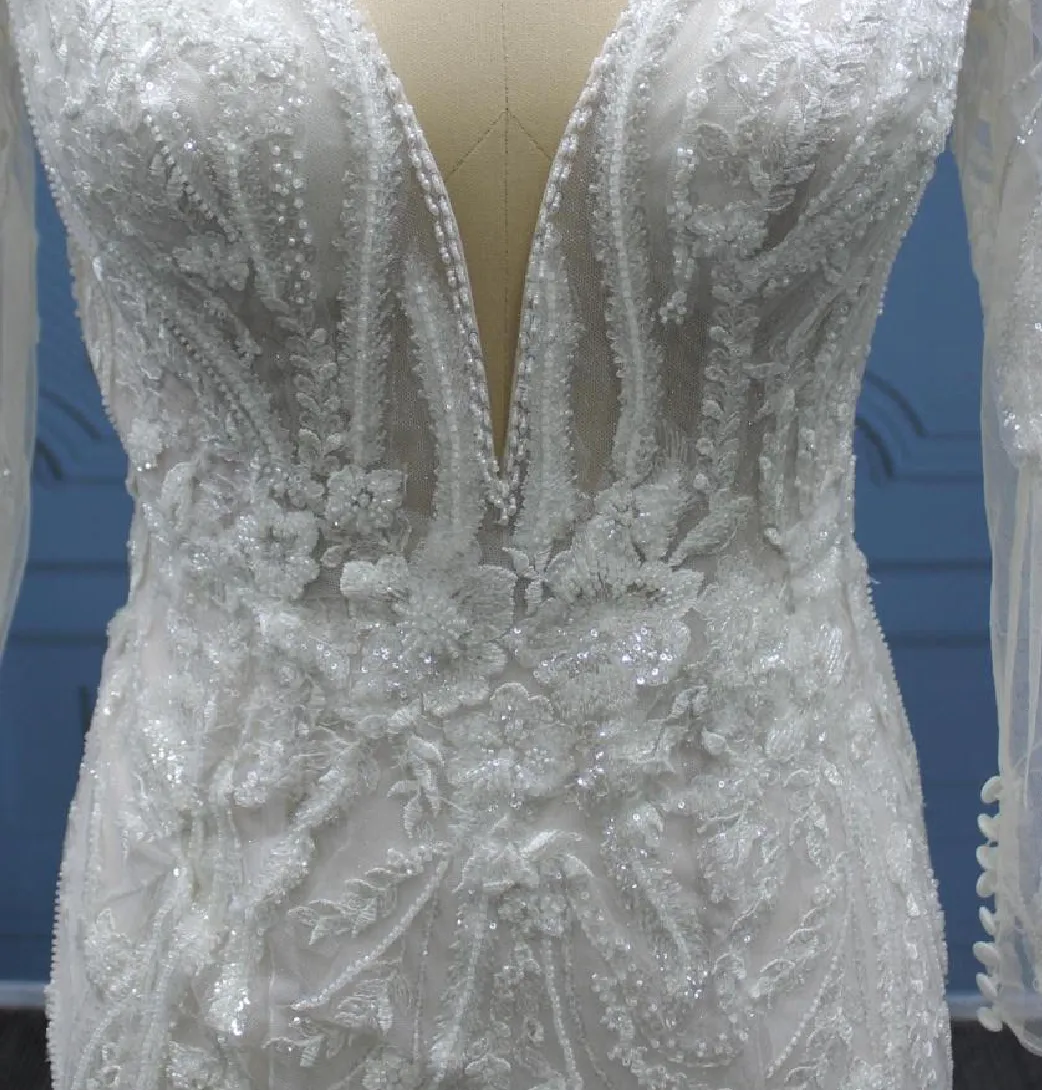 Beaded Lace Illusion Sleeve Deep Plunging V Neckline Tulle Bridal Wedding Gown