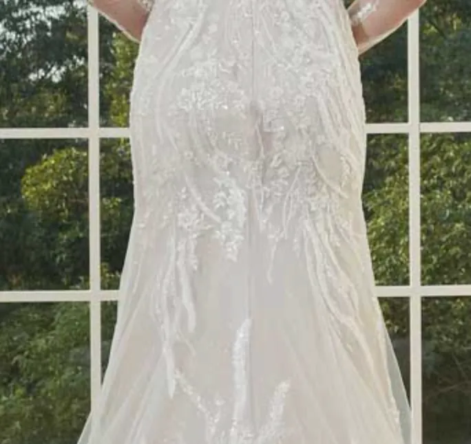 Beaded Lace Illusion Sleeve Deep Plunging V Neckline Tulle Bridal Wedding Gown