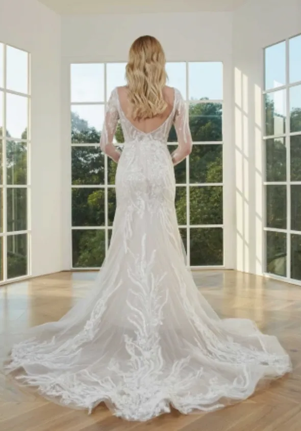 Beaded Lace Illusion Sleeve Deep Plunging V Neckline Tulle Bridal Wedding Gown