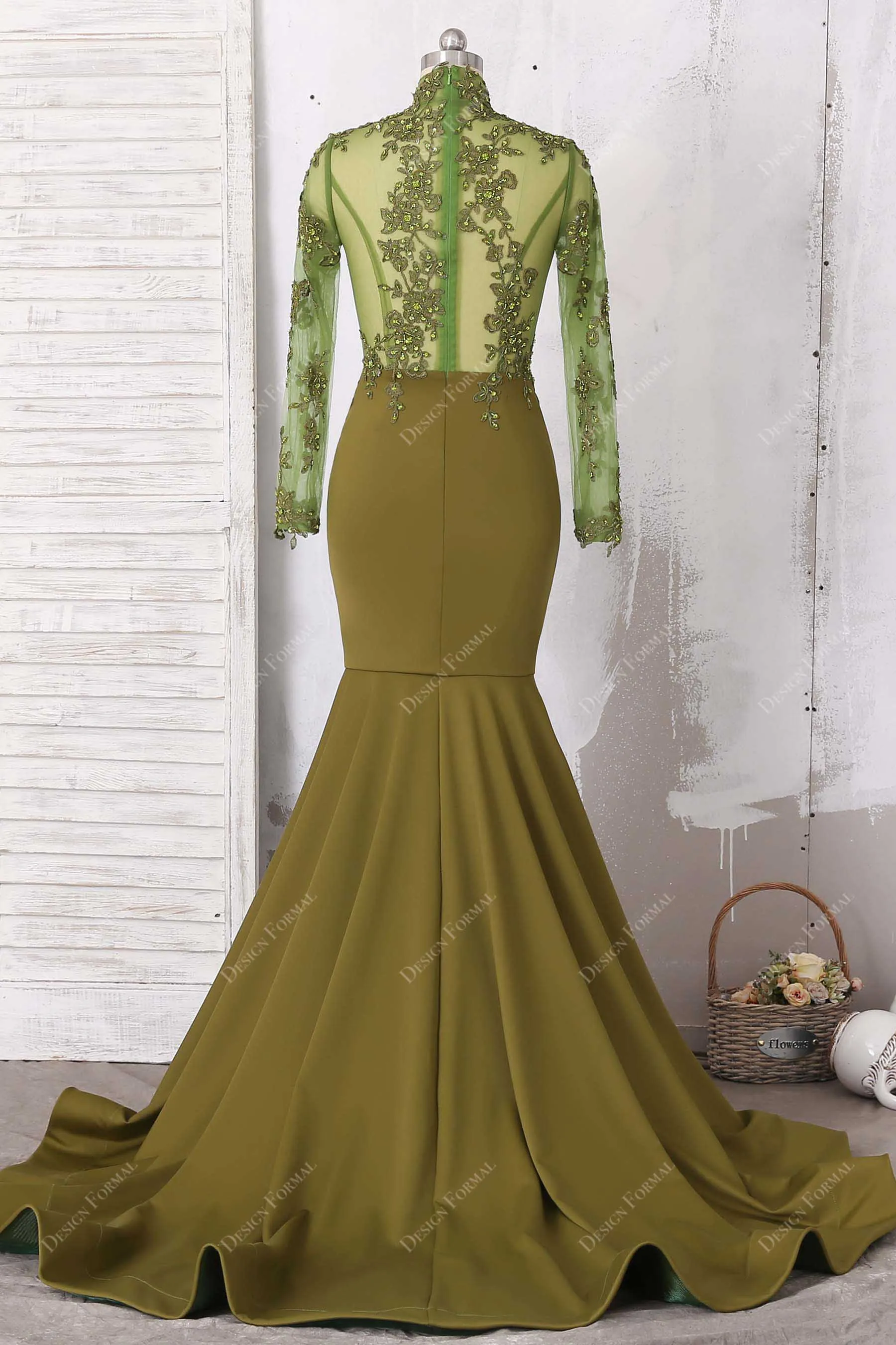 Beaded lace Olive Sleeved Sexy Illusion Top Mermaid Prom Dress