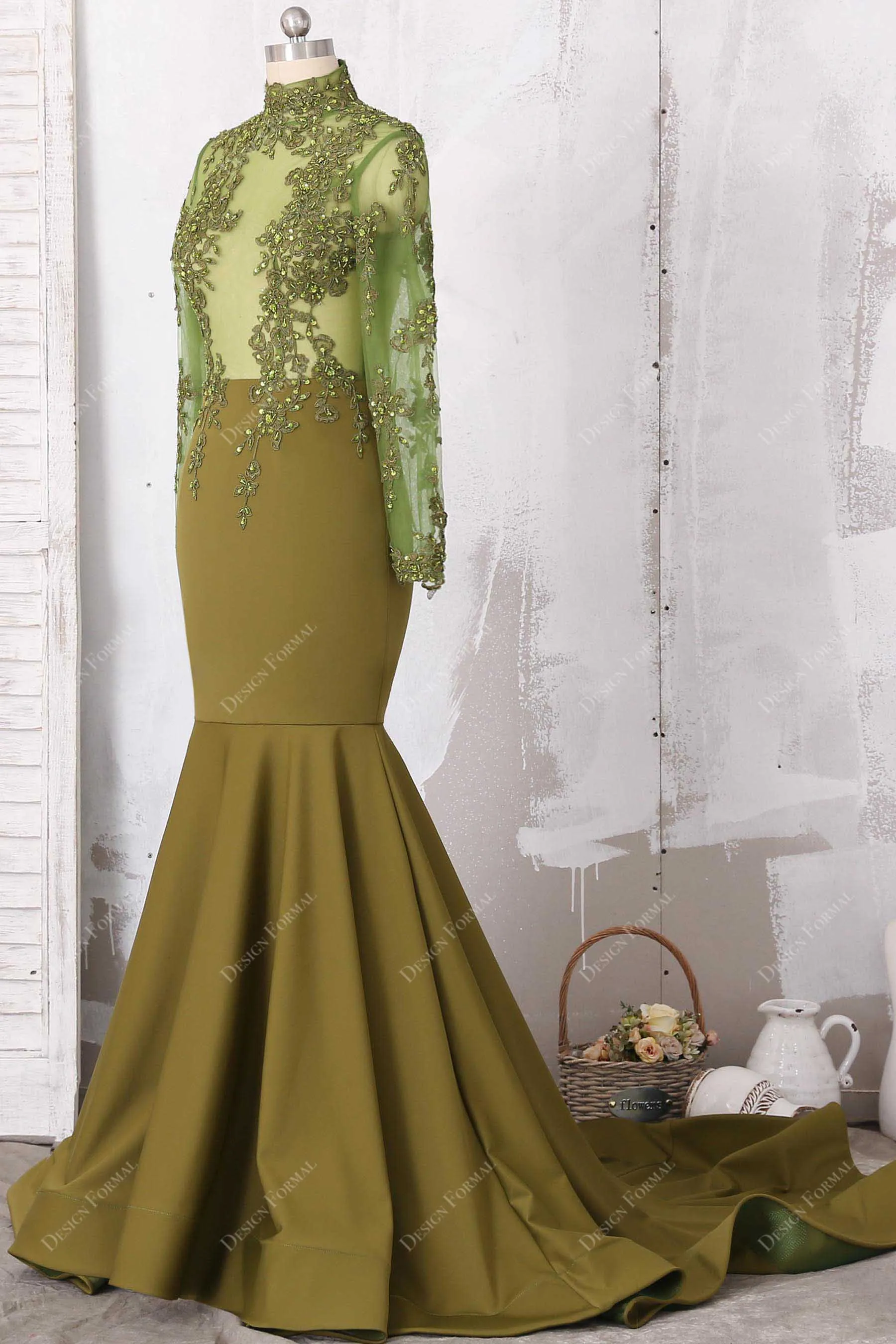 Beaded lace Olive Sleeved Sexy Illusion Top Mermaid Prom Dress