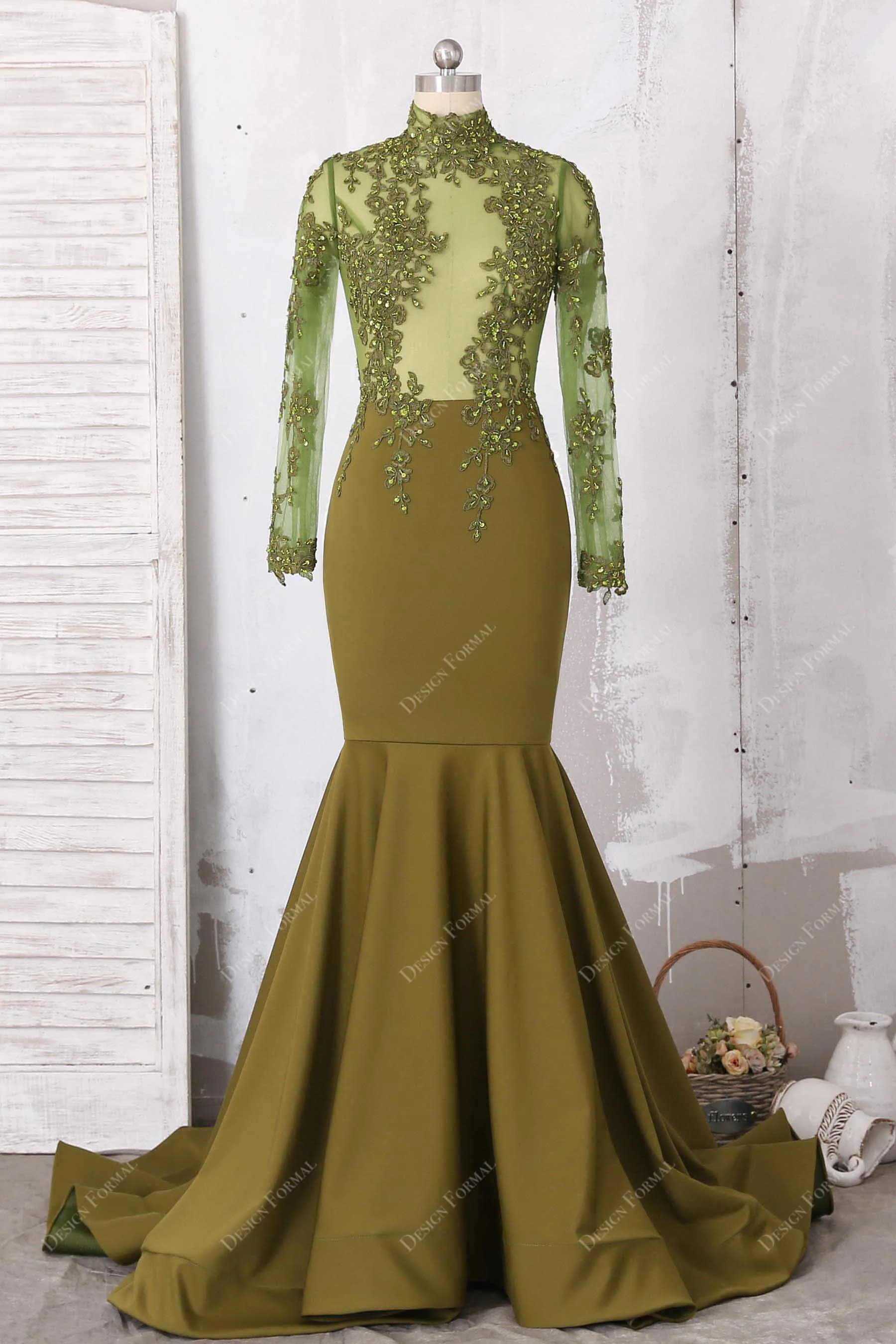 Beaded lace Olive Sleeved Sexy Illusion Top Mermaid Prom Dress