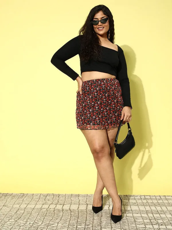 Berrylush Women Plus Size Black & Red Floral Printed Zipper-Up High-Rise Waist Straight Hem Knitted Mini Skirt