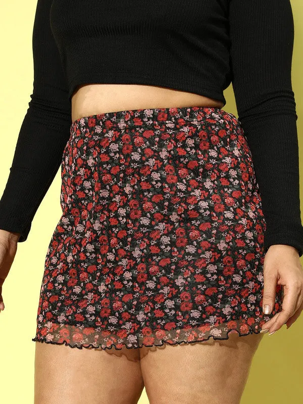 Berrylush Women Plus Size Black & Red Floral Printed Zipper-Up High-Rise Waist Straight Hem Knitted Mini Skirt