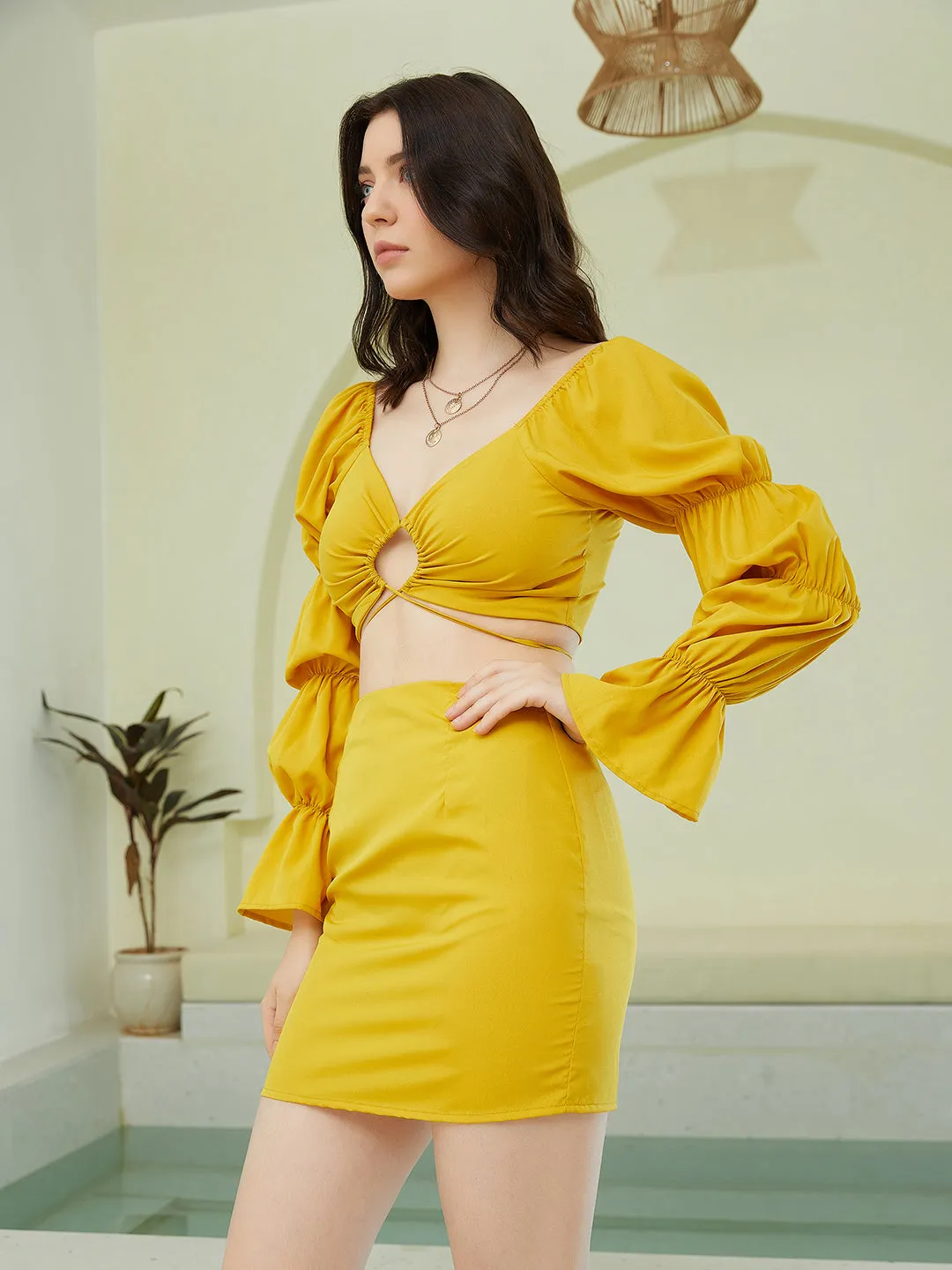 Berrylush Women Solid Yellow Front Cutout Gathered Sleeve Flounce Cuff Crop Top & Bodycon Mini Skirt Co-Ord Set