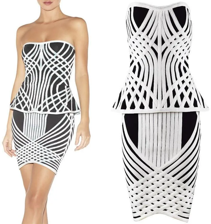 Black & White Techno Strapless Bandage Top & Skirt Set