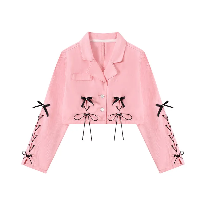 Black Bow Ribbon Trendy Pink Fashion Small Short Jacket