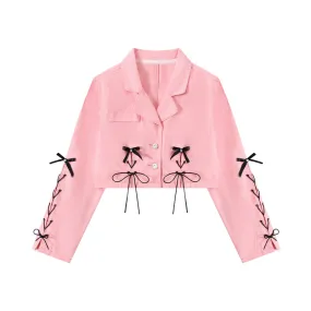 Black Bow Ribbon Trendy Pink Fashion Small Short Jacket