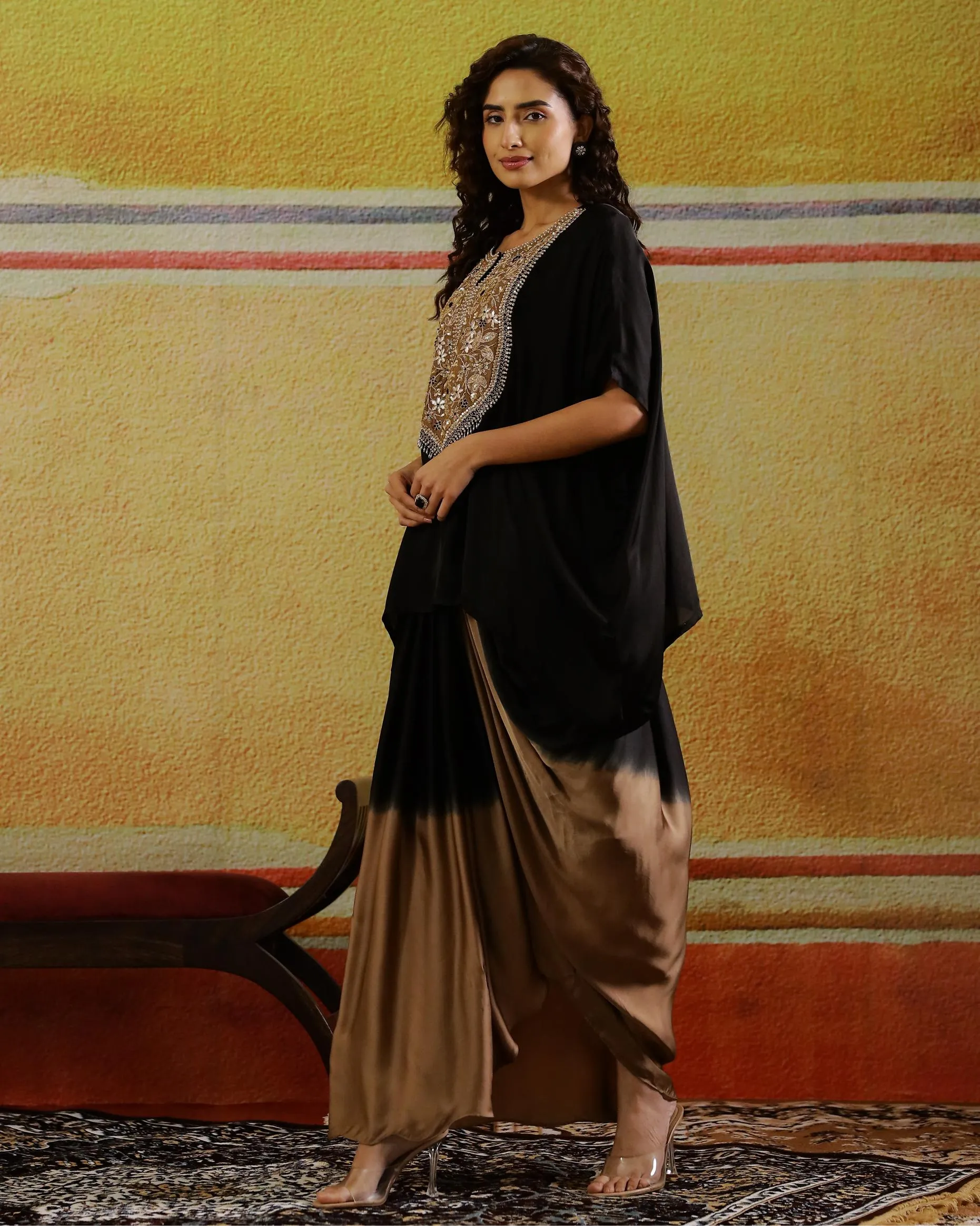 Black Embellished Satin Silk Kaftan & Skirt Set