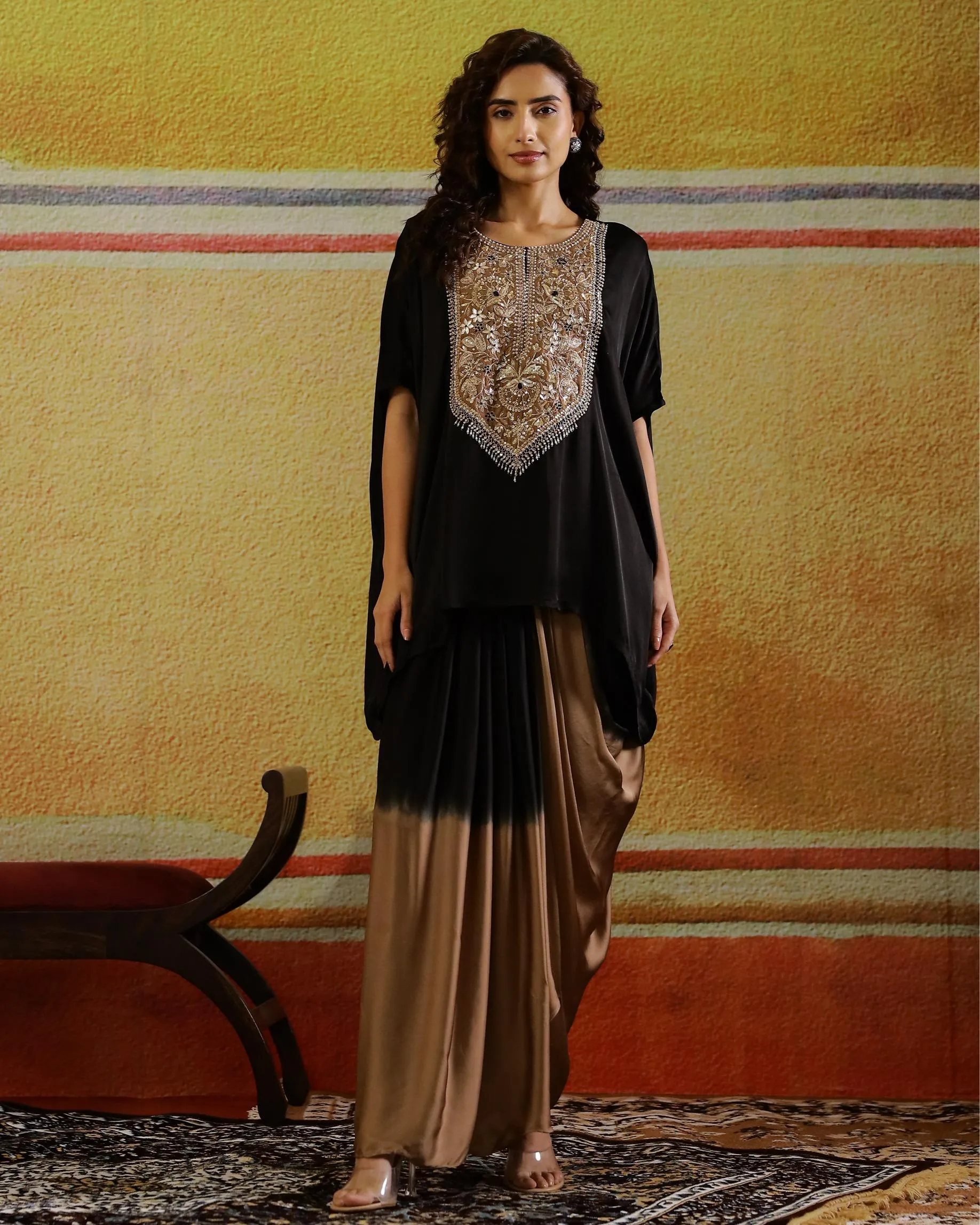 Black Embellished Satin Silk Kaftan & Skirt Set