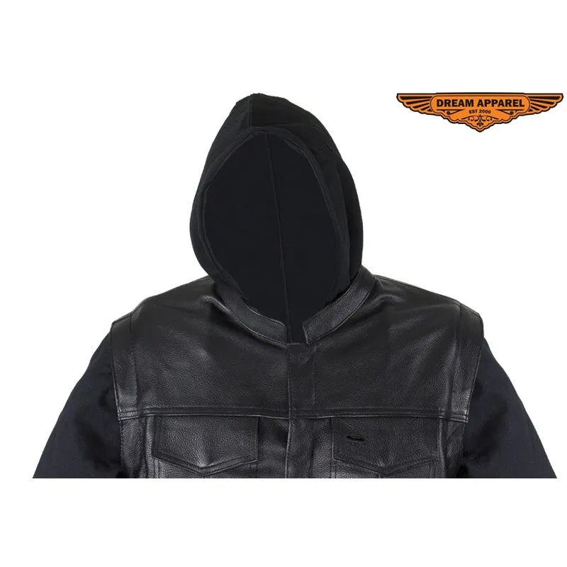 Black Leather Jacket with Removable Canvas Sleeves & Hoodie