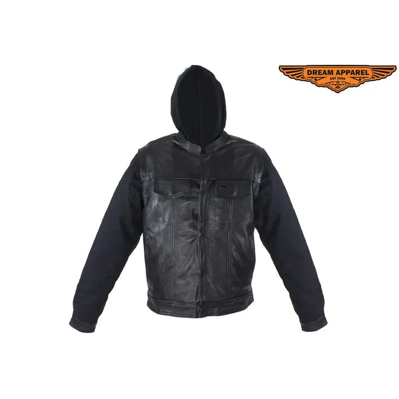 Black Leather Jacket with Removable Canvas Sleeves & Hoodie