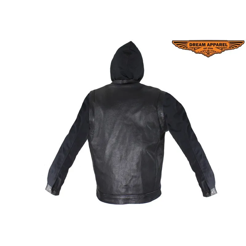 Black Leather Jacket with Removable Canvas Sleeves & Hoodie