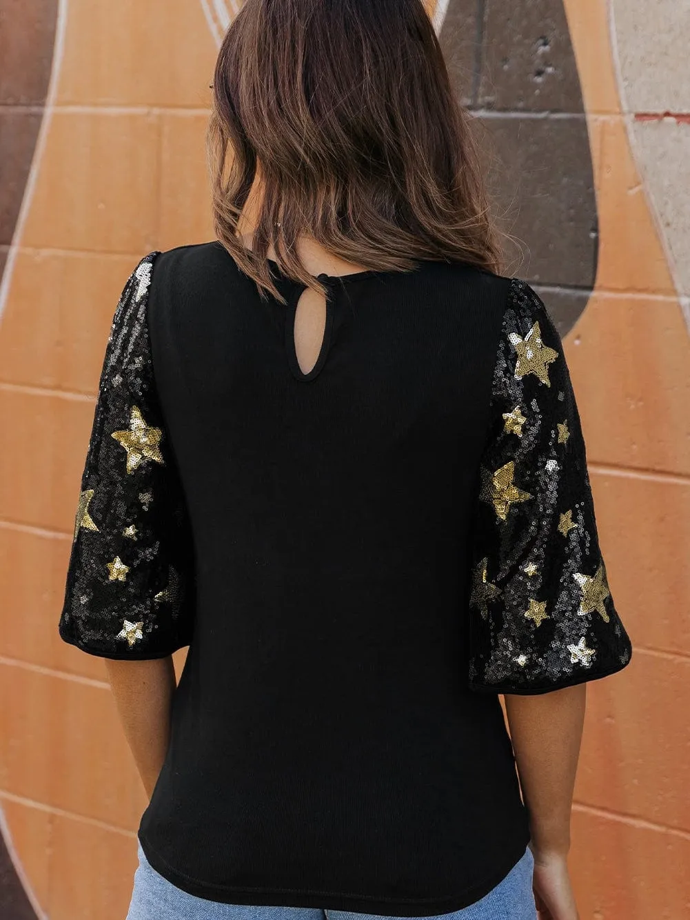 Black Sequin Star Detail Knit Top