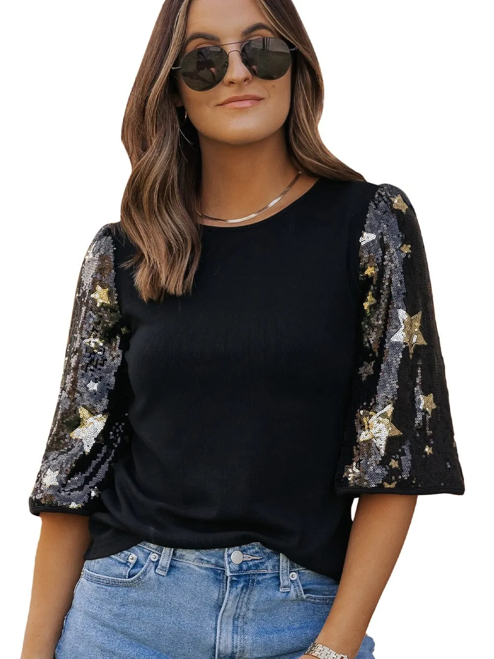 Black Sequin Star Detail Knit Top