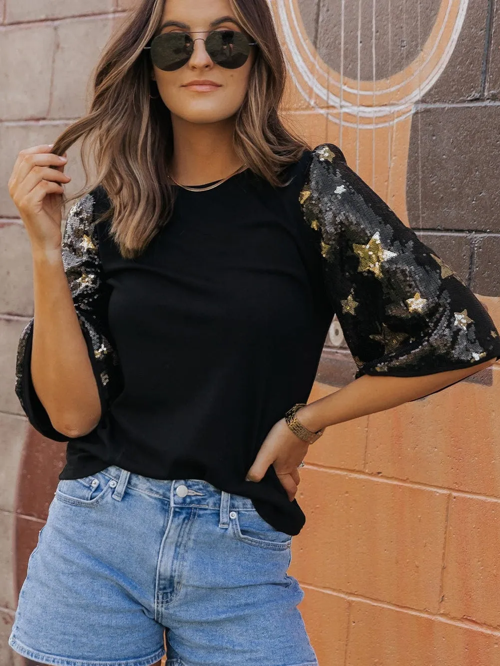 Black Sequin Star Detail Knit Top