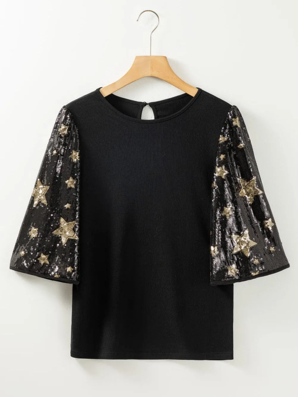 Black Sequin Star Detail Knit Top