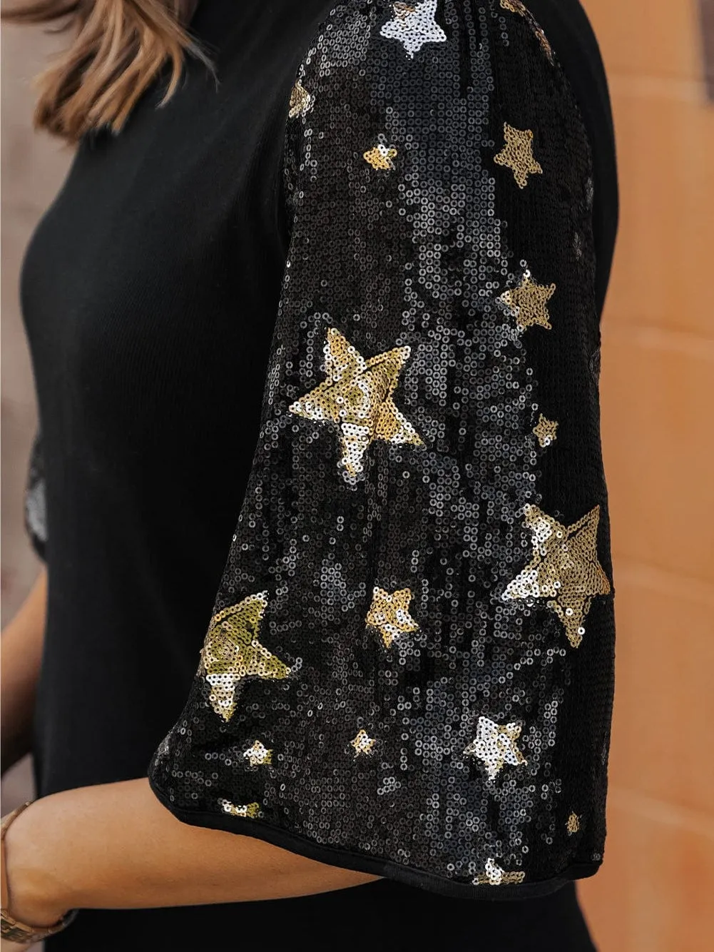 Black Sequin Star Detail Knit Top