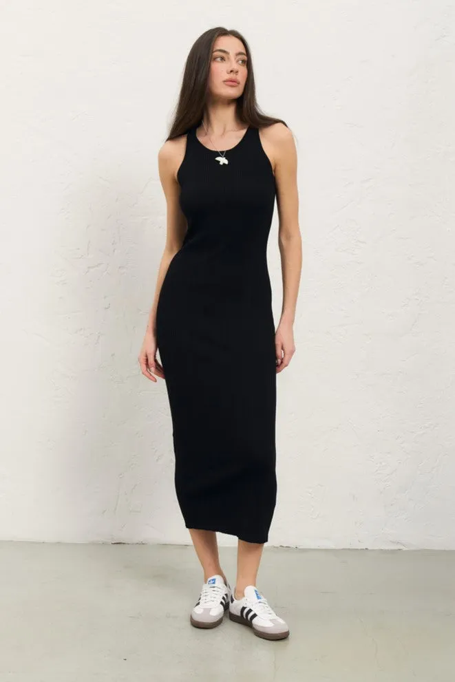 Black Sleevless Ribbed Knit Midi Dress