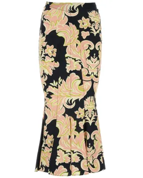 Black Venus Print Flare Midi Skirt