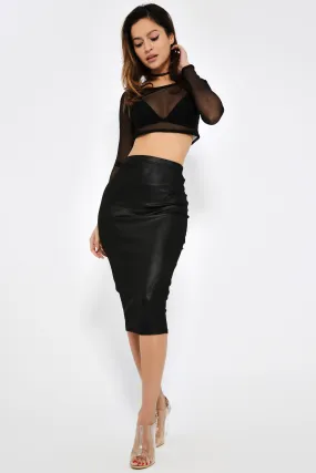 Black Wet Look Midi Pencil Skirt