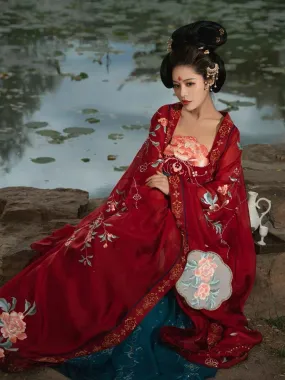 BlueDail Pure Hand Embroidery Yang Guifei「Bringing endless glory and wealth」Prosperous Peony Embroidered Tang Style Daily Wear Hanfu Clothing