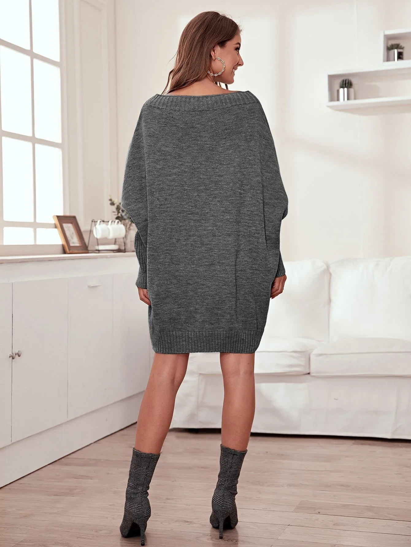 Boat Neck Batwing Sleeve Oversize Jumper Dress