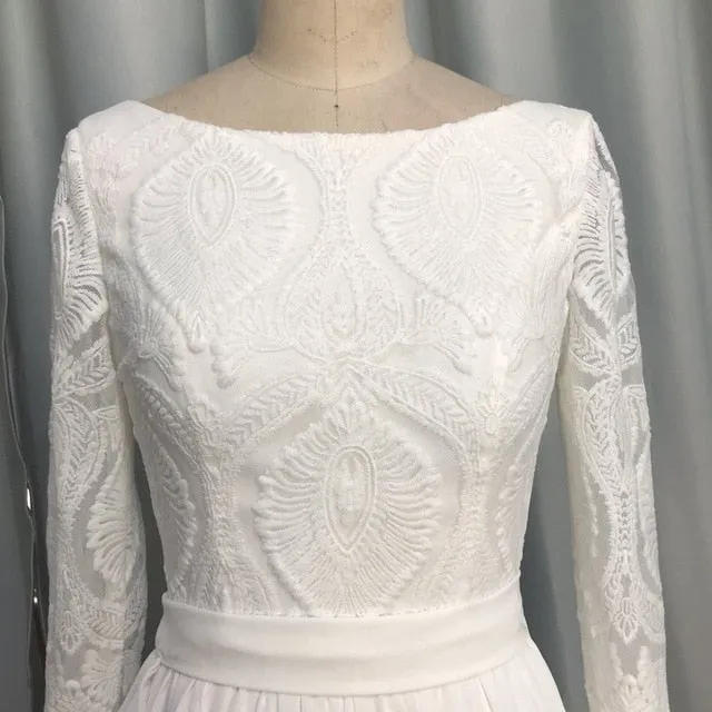 Boho Long Sleeve Lace Chiffon Detachable Train Bridal Wedding Dress