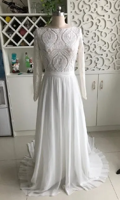 Boho Long Sleeve Lace Chiffon Detachable Train Bridal Wedding Dress