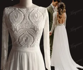 Boho Long Sleeve Lace Chiffon Detachable Train Bridal Wedding Dress