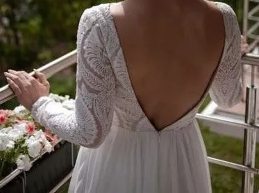 Boho Long Sleeve Lace Chiffon Detachable Train Bridal Wedding Dress