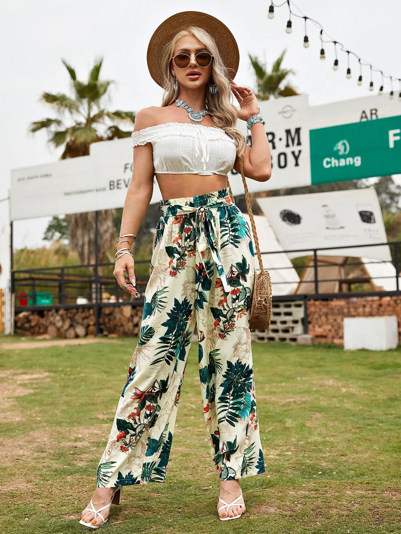 Boho Tropical Paper Bag Waist High Waist Long Women Pants