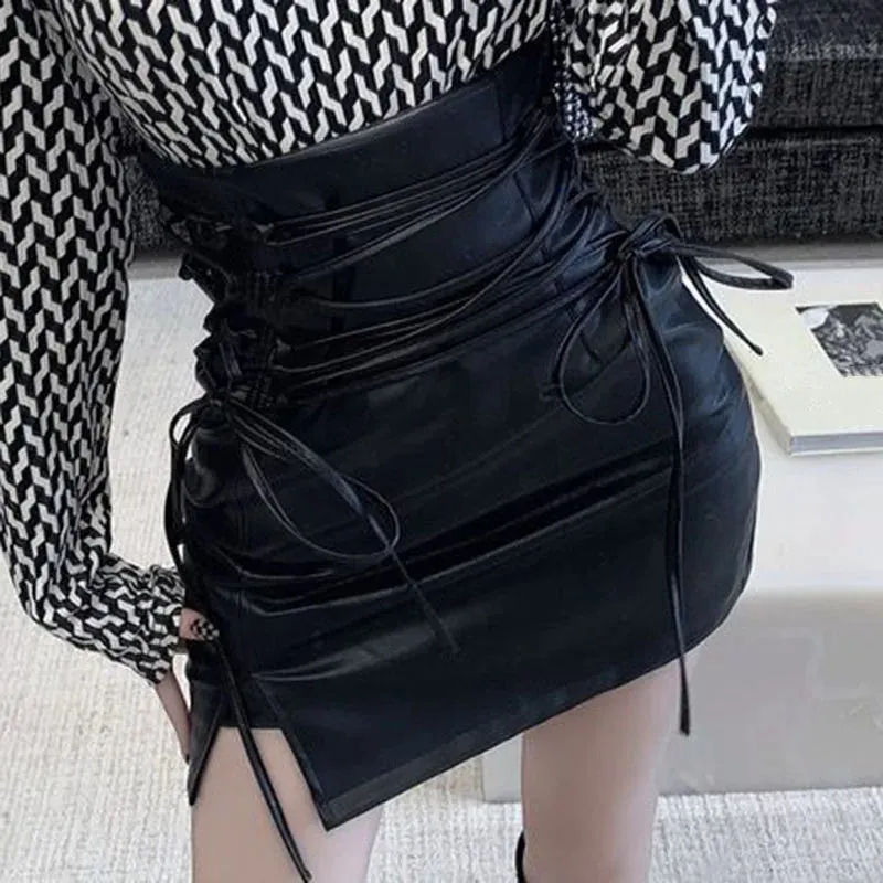 Bonnyshow Black Leather Mini Skirts Women Gothic High Waist Slim Fit Lace-Up Pencil Skirt Female Sexy Club Back Zipper Split Bag Hip Skirt