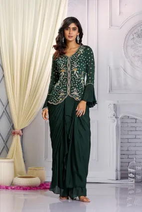 Bottle Green Embellished  Chinon Silk Skirt Set